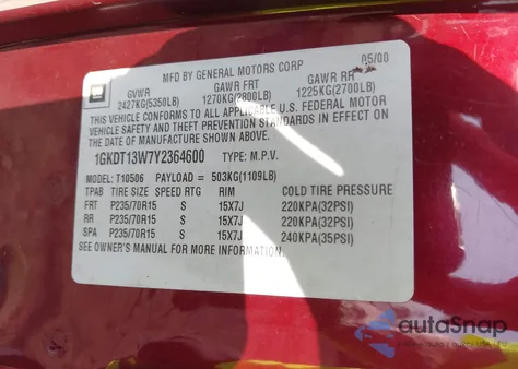 2000 GMC Jimmy Sle z USA, uszkodzony, nr VIN 1GKDT13W7Y2364600